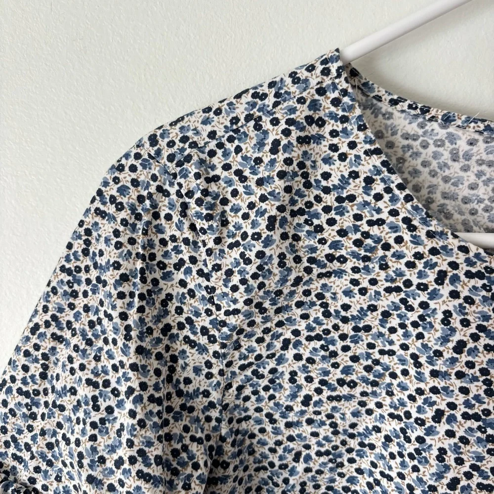 J. Crew Blue Black Micro Floral Blouse 3/4 Puff Sleeve Preppy Dainty Feminine